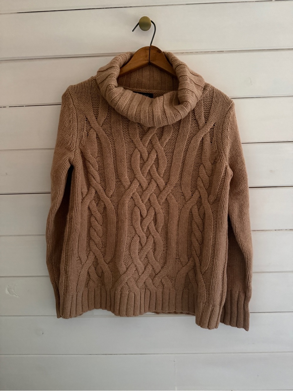 NWT Lands’ End Merino Wool Chunky Cable Knit Turtleneck Sweater Tan Med Petite